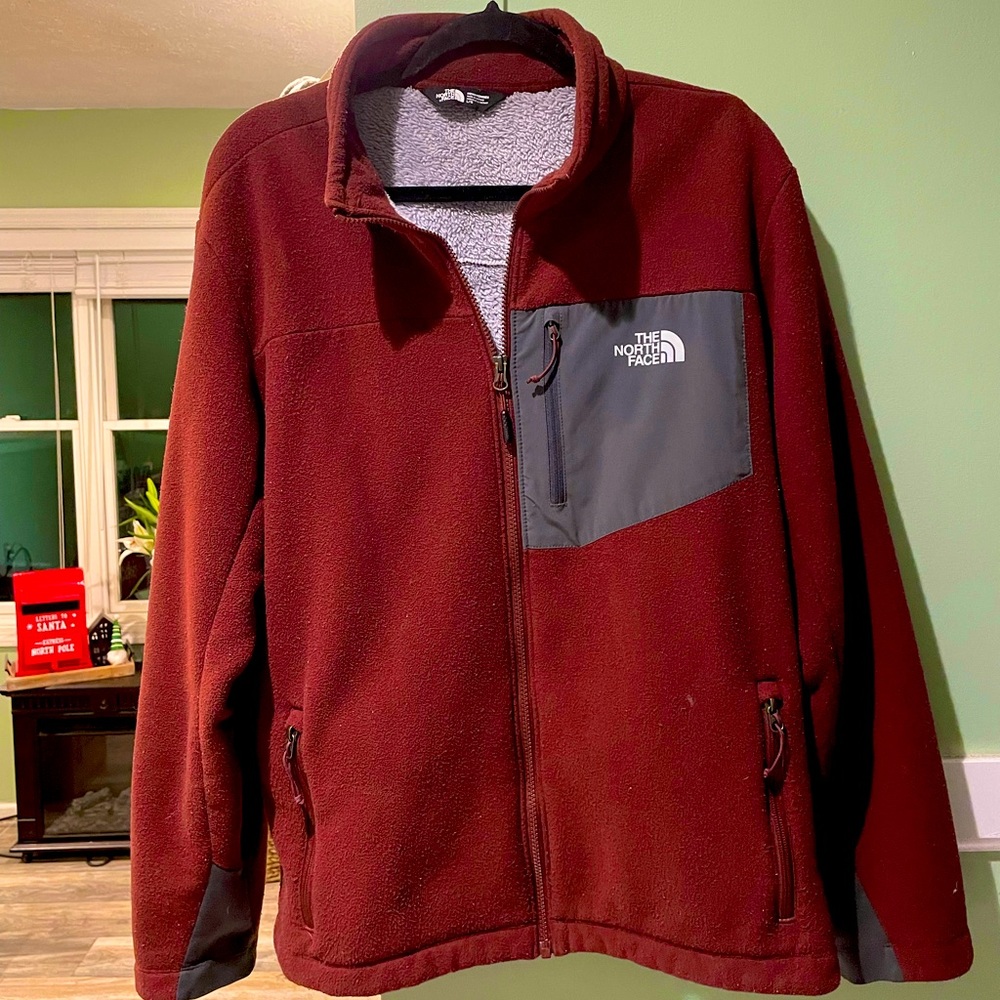 Mens North Face Jacket Fleece Zip Up Burgundy/Grey Size L  with Zipper